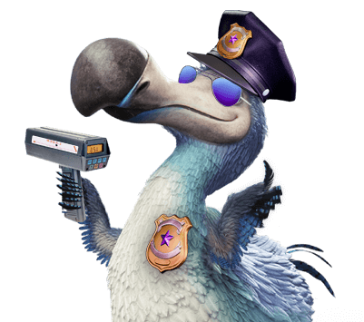 Dodo wearing a police uniform and pointing a speed gun.