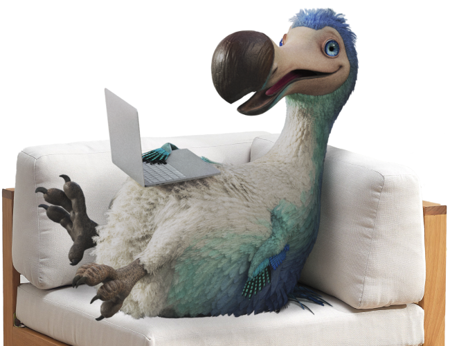 Dodo relaxing on a couch with his laptop.