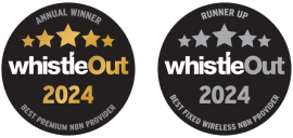 2 badges awarded by Whistleout for "Best premium nbn provider" and Runner up for Best fixed wireless nbn provider.