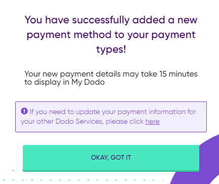 Payment updated screen