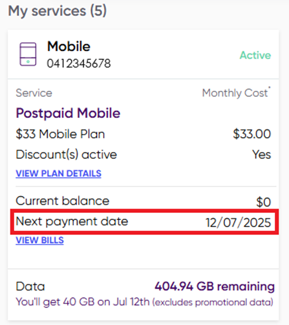 Image showing next payment date